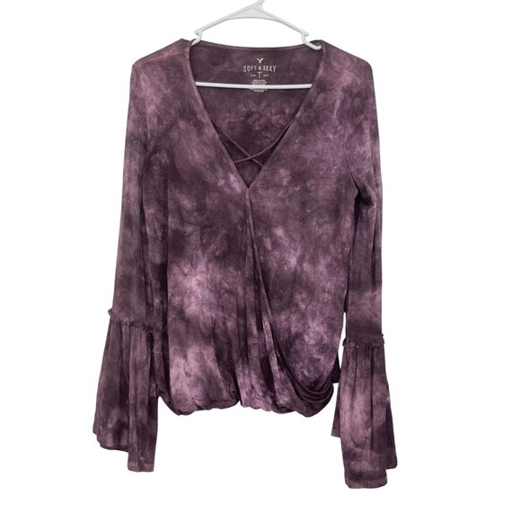 American Eagle Soft & Sexy Tie-Dye Bell Sleeve Wrap Top Blouse Womens M Purple - Picture 10 of 16